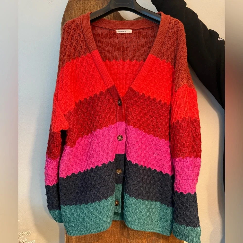 Marine Layer Block Stripe Oversize Cardigan in Multi Colorblock Large - Picture 3 of 9